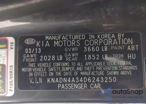 2013 Kia Rio Ex z USA, uszkodzony, nr VIN KNADN4A34D6243250